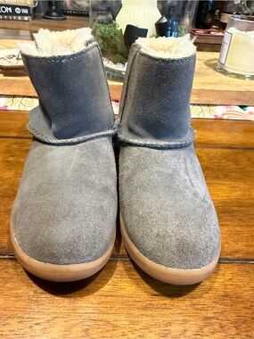 UGG Kids Short Suede Boots in Gray with Tan Soles
